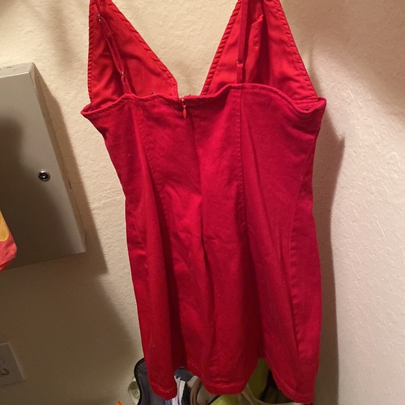 Red Strapless Skinny Dress with Cross Hatches Along The Sides - Picture 2 of 7